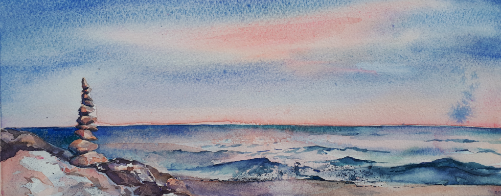 This is the main picture in the homepage to present Maev Brunet's portfolio. the Watercolor shows a shore in Catalonia. On the left side of the picture there is a cairn with ten stones surrounded by similar stones. The background features a calm sea extending to the horizon, meeting a sunset. watercolor artist portfolio